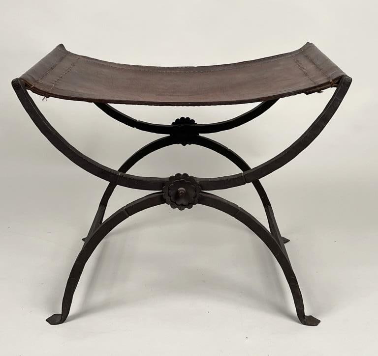 Spanish Colonial Wrought Iron/Leather Curule Stool (1 of 6)