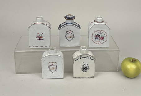 Group Five Chinese Export Porcelain Tea Caddies: 5 1/2" high, 3 1/2" wide, 1 3/4" deep. Hairline crack to neck of one.