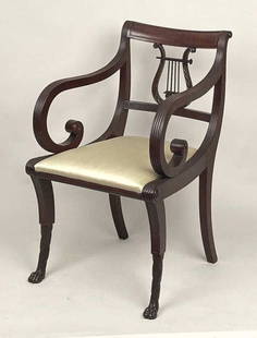 NY Classical Carved Mahogany Lyre Back Arm Chair: attributed to the workshop of Duncan Phyfe, with inset paneled crest, scrolling reeded arms, rosette mounts and carved hairy paw front legs. 33" high, 20" wide, 18" deep. Joseph LiVolsi upholsterer's