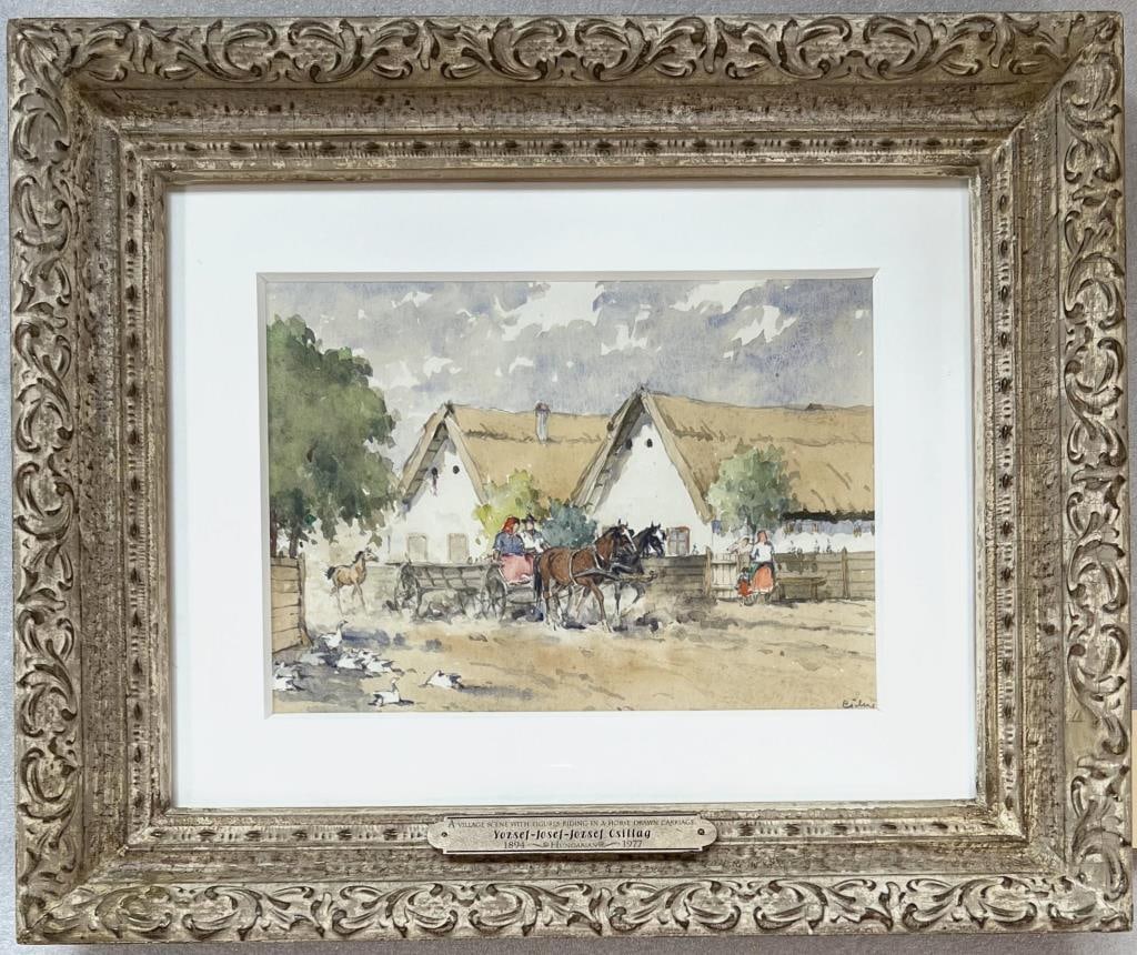 Csillag, W/C Village Scene With Carriage: Yozsef Csillag (also Jozsef) (Hungarian 1894-1977) signed lower right. Frame size: 14 7/8" high, 18" wide. Not examined out of frame.