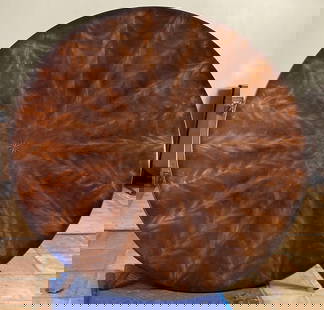 Custom Mahogany Round D/T, Pie Wedge Veneers: a stunning table in highly figured crotch mahogany wedge veneer pattern, thin perimeter apron and including five 12" deep perimeter mounting leaves with matching veneer pattern; the four column base w