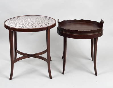 Old Sheffield Silver Strainer Tray, Custom Base: together with another smaller mahogany tray table with thin brass banding. 22" high, 20 1/2" wide, 15 1/2" deep. Larger with repairs to legs, smaller with wear to edge and top.