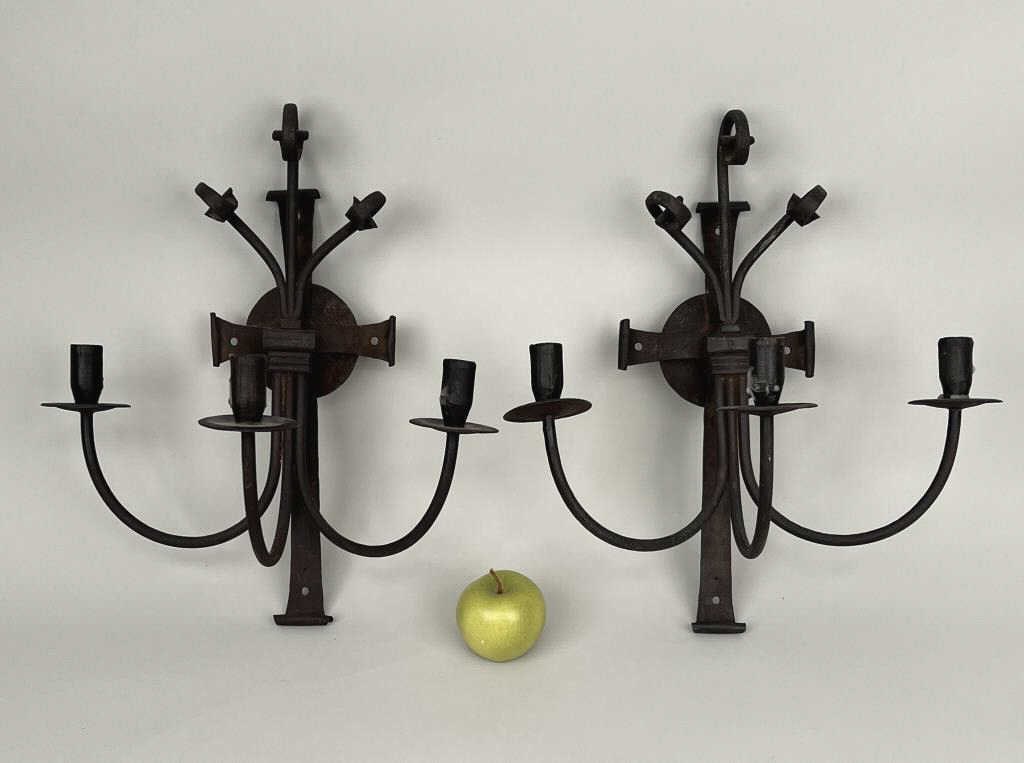 Pair Arts/Crafts Wrought Iron Three Light Sconces (1 of 5)