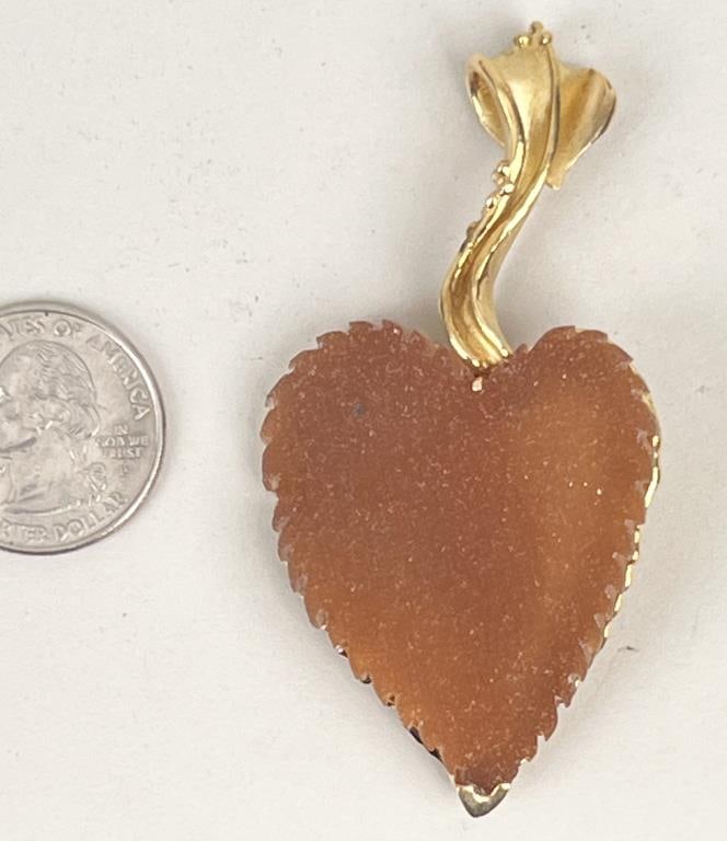 Susan Helmich Topaz & 18K Gold Leaf Brooch: elm leaf with serrated edge cut from agate, one side solid, the other a sparkle surface mounted in fold signed by maker "Susan Helmich No. 51599" marked 18k, originally sold by Brinsmaid's. 3" high, 1