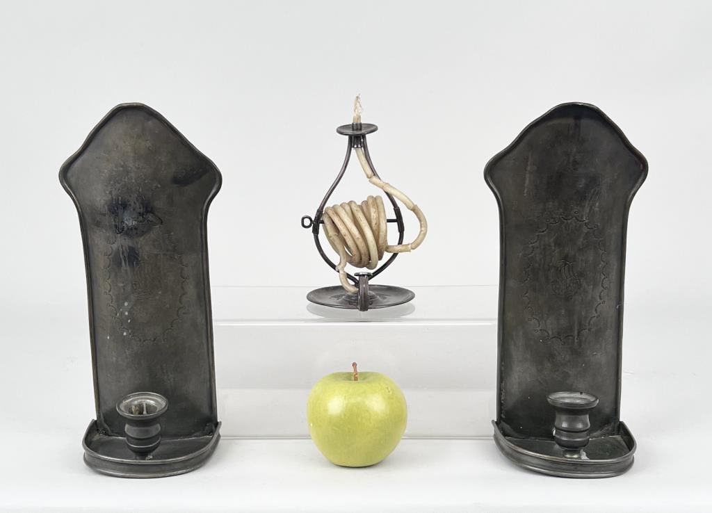 Pair Pewter Candle Sconces & Sheffield Wax Jack (1 of 5)