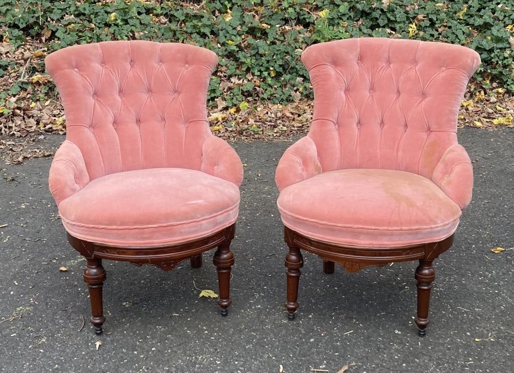 Pair Victorian Velvet Upholstered Slipper Chairs (1 of 5)