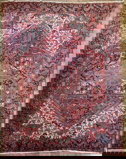 Persian Heriz Carpet: room size rug. 9' 7" wide, 12' 3" long. Wear, areas of pile loss, water damage. All rugs sold as is.