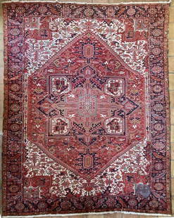 Persian Heriz Carpet: room size rug. 9' 7" wide, 12' 3" long. Wear, areas of pile loss, water damage. All rugs sold as is.