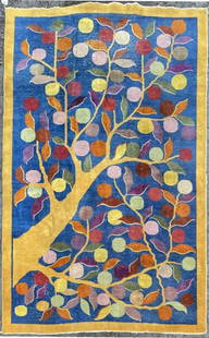 Chinese Art Deco Rug: in colorful fruit tree design with rich blue field. 6' 10" wide, 10' 9" long. Some wear in top center area, see photos. All rugs sold as is.