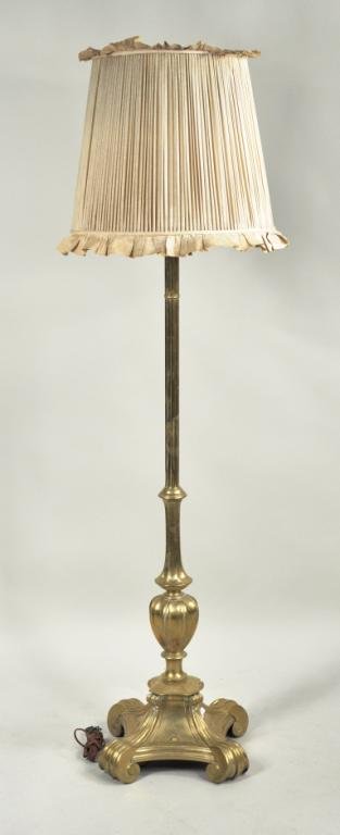 Brass Torchere Form Floor Lamp: Very fine brass torchere form floor lamp, the fluted baluster supporting a reeded column and raised on a quadruped base with scrolled feet. 61" high.