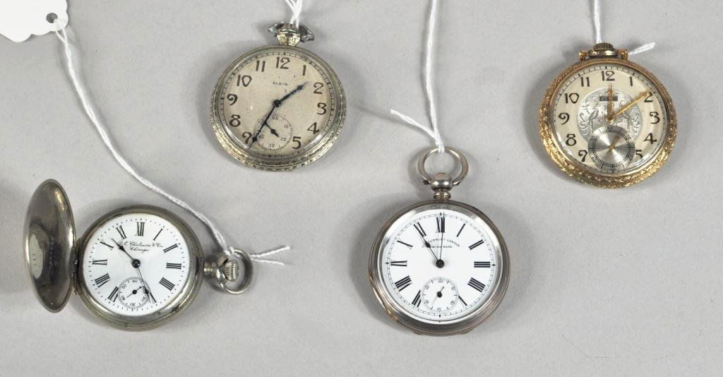 Group Four Pocket Watches: Group of four pocket watches, comprising two vintage Elgin watches, one likely gold filled; a Swiss made silver plated watch by J.B. Yabsley, London; and a sterling silver cased watch by Chalmers & Co