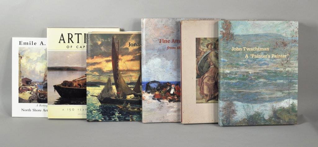 Group Six Art Reference Books: Group of six art reference books, comprising Emile A. Gruppe: A Retrospective, Artists of Cape Ann, Jonas Lie, Fine American Art from 1845-1960, The World of Michelangelo and John Twachtman - A "Paint