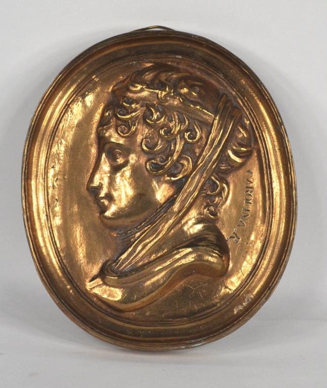 Oval Gilt Bronze Relief Plaque: Oval gilt bronze relief plaque, with portrait bust, likely Caroline of Brunswick, bearing impressed inscription "Caroline", and signed A.J. Damier, Fecit". 10 1/2" high, 9" wide.