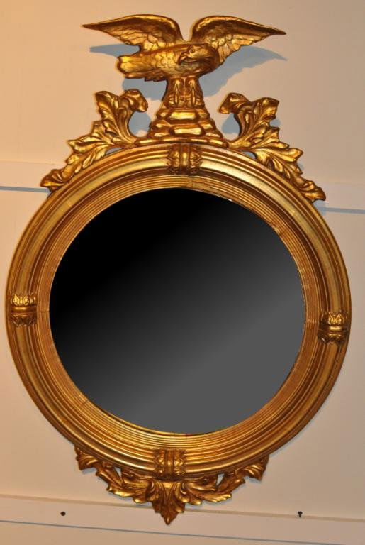 Classical Style Convex Mirror: Classical style convex mirror, with eagle crest, substantial wear to backing, as is. 35 1/4" high, 24" wide.
