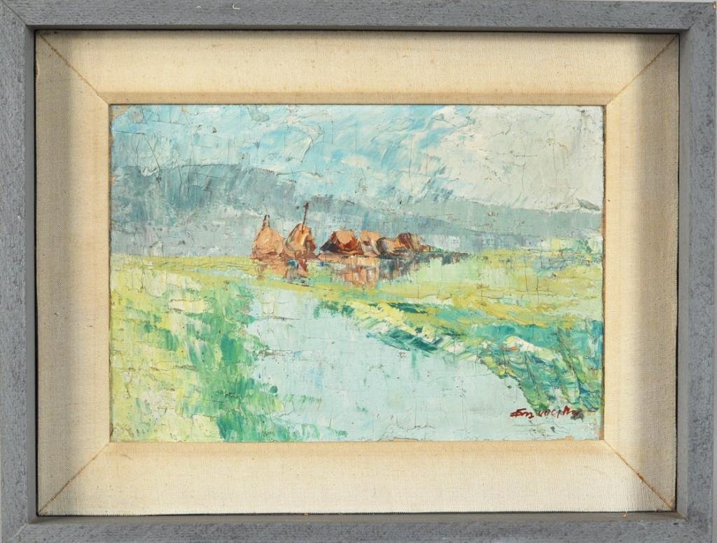 Framed Untitled Impressionist Landscape: Untitled impressionist landscape with buildings by a river, oil on masonite, signed indistinct lower right, in a wooden shadow box frame. 15" high, 19 1/2" wide; sight size: 13 3/4" high, 9 1/4" wide.