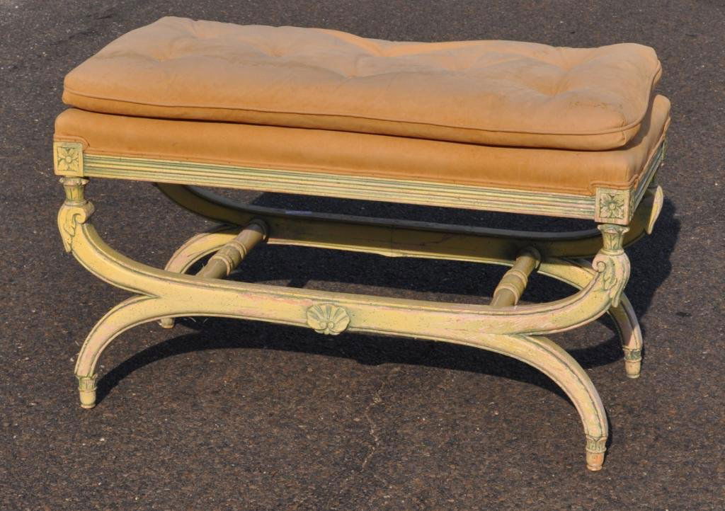 Neoclassical Style Painted Curule Bench: Neoclassical style painted curule bench, upholstered seat with cushion, wear to painted surface. 22" high, 35 1/2" wide, 17" deep.