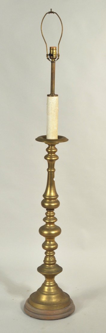 Brass Baroque Style Altar Stick Form Floor Lamp: Brass baroque style altar stick form floor lamp, with multiple turned stems and round base. 58" high, 10" diameter.