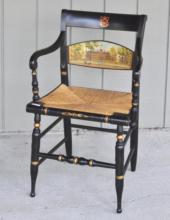 Hitchcock Princeton Commemorative Arm Chair: Commemorative Hitchcock decorated rush seat arm chair, bearing arms and legend of "Princeton University's Nassau Hall 1837". 32 1/2" high, 21 1/2" wide, 17" deep.
