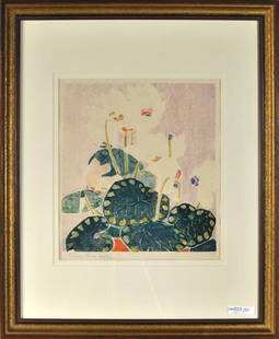 Edna Hopkins, Framed Woodblock Print: Edna Hopkins (American 1872-1937) framed woodblock print, multi-hued floral composition. 22" high, 18" wide; sight size: 10 3/4" high, 10" wide