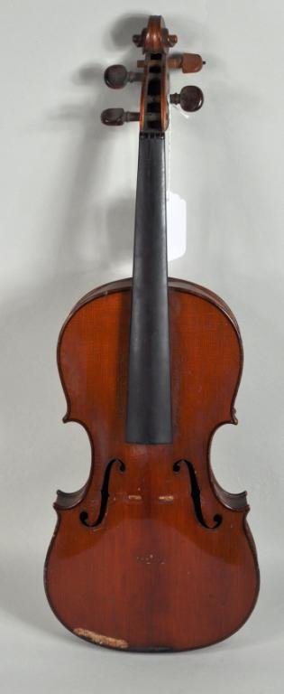 German Trade Violin Label Eduard Reichert, as is: German violin, labeled Eduard Reichert, Dresden, 1908, length of back 14" long, sold as is, with losses and damage.