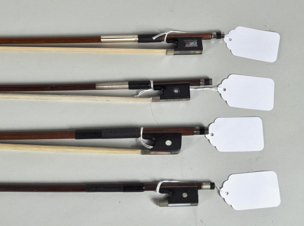 Group Four Violin Bows, As Is: Group of four violin bows in as is condition, stamped, from top, "Richard Grunke," "J.B. Vuillaume," "A.R. Sander," and "Bausch."