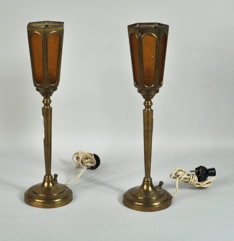 Pair Small Arts & Crafts Brass Lamps: Pair of brass and colored glass Arts and Crafts table lamps, chalice form with tapering stems and round base. Each 13 3/4" high, 3 3/4" diameter.