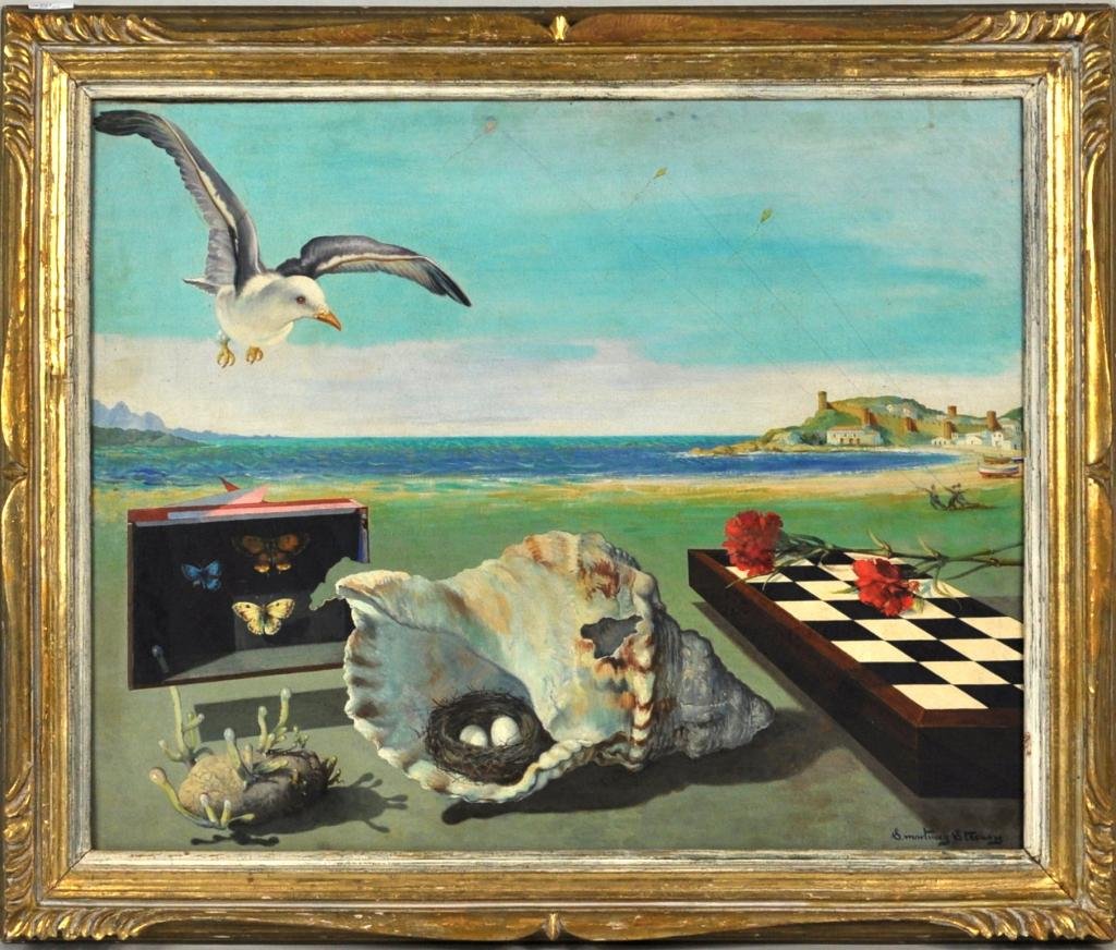 Surrealist Allegorical Composition, S. M. Stevans: Surrealist allegorical composition (untitled) beach scene with still life, oil on canvas, signed lower right "S. Martinez Stevans". Sight size: 28" high, 35 1/2" wide
