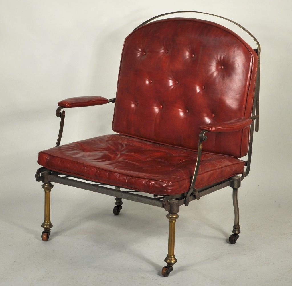 Brass Leather Campaign Form Folding Daybed: Brass and leather campaign form metamorphic folding daybed, steel frame, upholstered in red leather. 40" high, 36 1/2" wide, 28" deep.