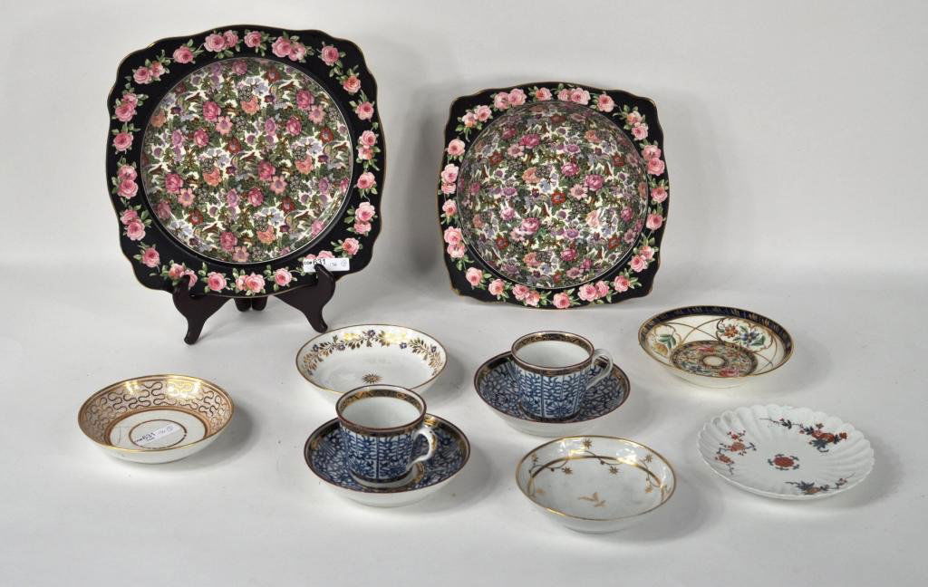 Crown Ducal Square Bowl & Platter: Crown Ducal ware square bowl and small platter, with all over floral decoration; together with five small assorted dishes, two tea cups and saucers (11 pieces) Largest: 10 1/2" high, 10 1/2" wide; sma