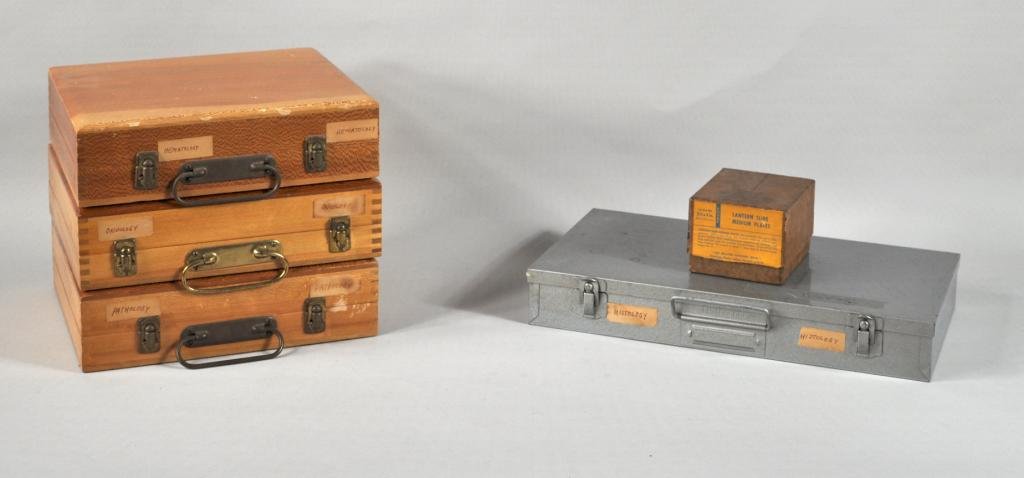 Four Boxes Vintage Histology Slides - Harwyn Phil.: Four boxes of vintage Histology slides. Largest: 14 3/4" high, 7 3/4" wide, 2" deep; smallest: 4 1/4" high, 3 1/2" wide, 2 3/4" deep