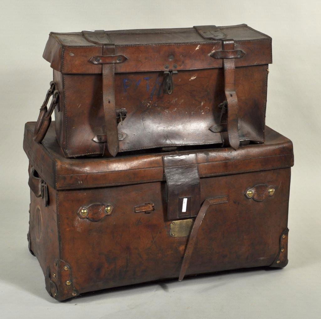 Fine Vintage Leather & Brass Steamer Case: Fine vintage leather and brass steamer case, by Finnigan of Manchester with brass plaque inscribed Armilage Hall, Little Hutton, Lancashire, together with a smaller touring case. Large: 18 1/4" high,