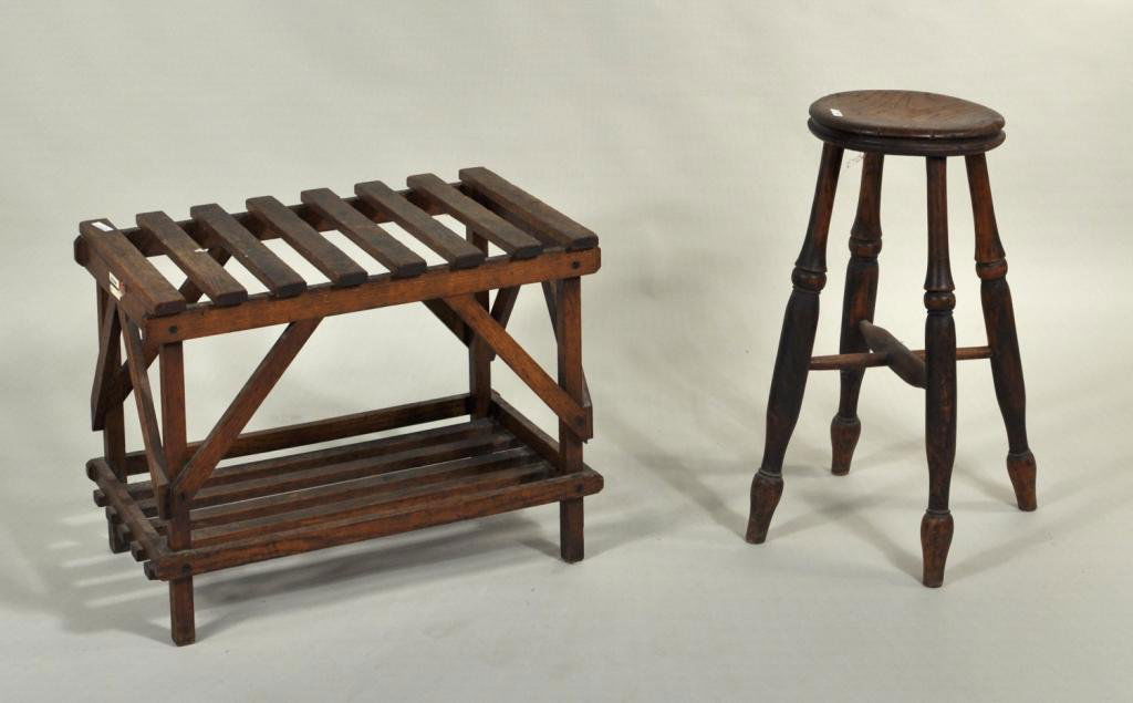 Antique English Oak Stool: Antique English oak stool, together with a vintage oak slat form luggae stand. Large: 23 1/2" high, 11" diameter; small: 18" high, 24 1/2" wide, 15" deep.