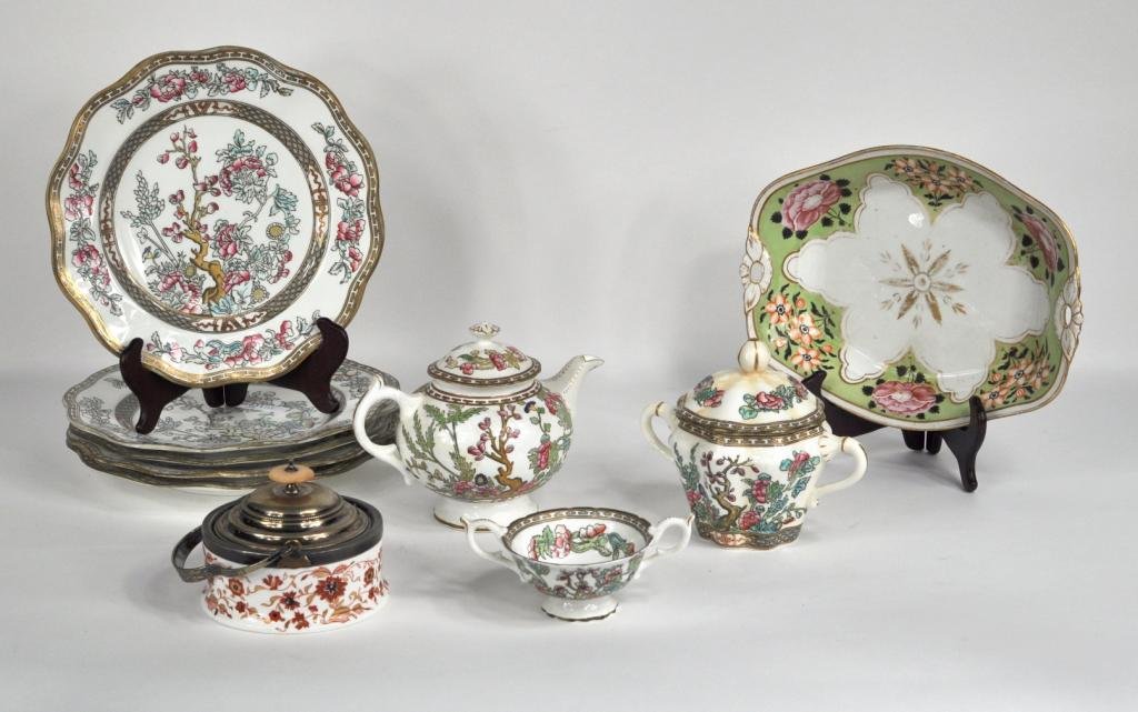 Group Assorted Coalport Porcelain: Group of assorted Coalport tablewares, comprising five shaped dinner plates, teapot, lidded sugar bowl, oval bowl; together with a Wedgewood and silver plated lidded pot and an unmarked tray. Largest: