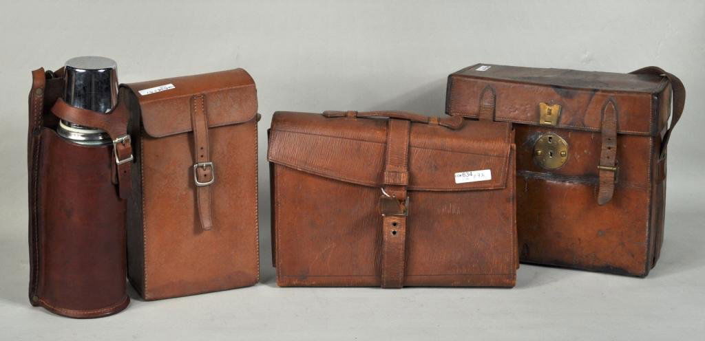 Vintage Leather British Officer's Field Mess Kit: Vintage leather officer's field mess kit, W. Thornell & Co. London for General Hugh McCalmont, K.C.B; together with a gentleman's toilet set and two cased thermoses (four items total). Largest: 9 1/2"