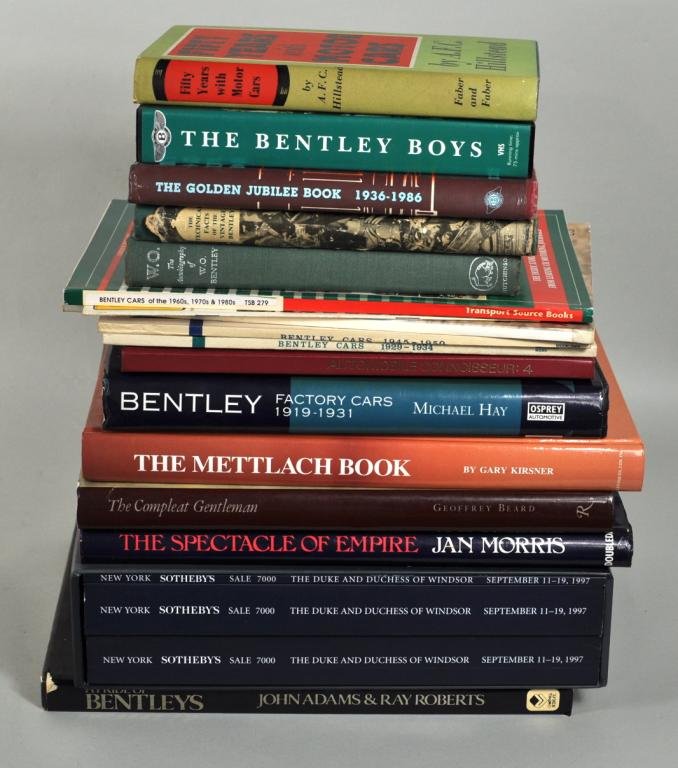 Box Lot 21 Assorted Books: Box lot 24 assorted books, comprising Sotheby's collection of Duke and Duchess of Windsor, "Bentley Factory Cars 1919-1931" and "Fifty Years with Motorcars," together with 21 miscellaneous books.