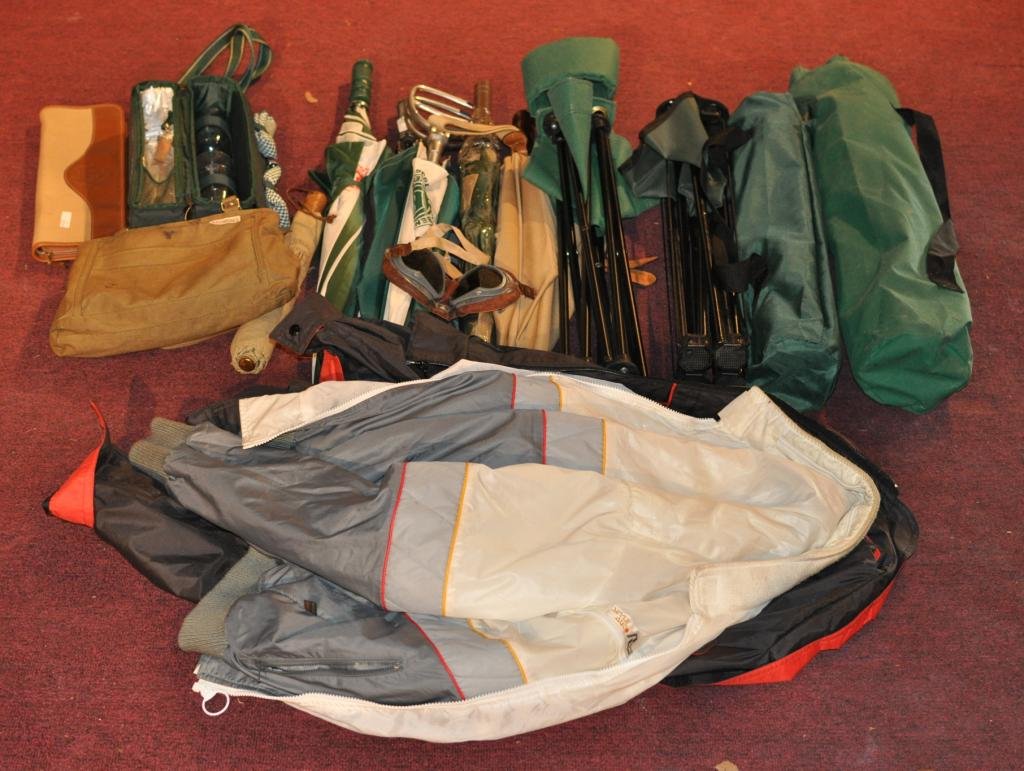 Lot of Bentley Outdoor Equipment: Lot of Bentley outdoor equipment, comprising six umbrellas, five with Bentley logos, two Bentley canvas collapsible chairs and two tables, together with various blankets, jackets, hats, bags and racin