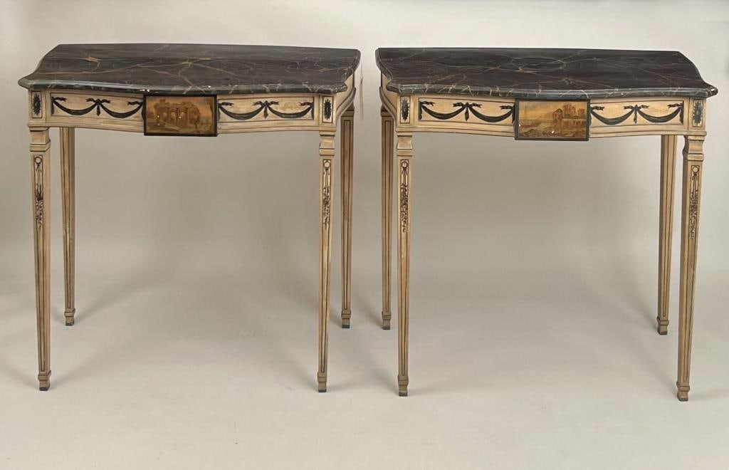 Pair Adam Style Painted Wood Console Tables: with serpentine front and sides, neoclassical theme paint and simulated inlay paint overall, faux marble tops with unusual convex backs, neoclassical landscape scenes in central tablet. 32 1/2" high,