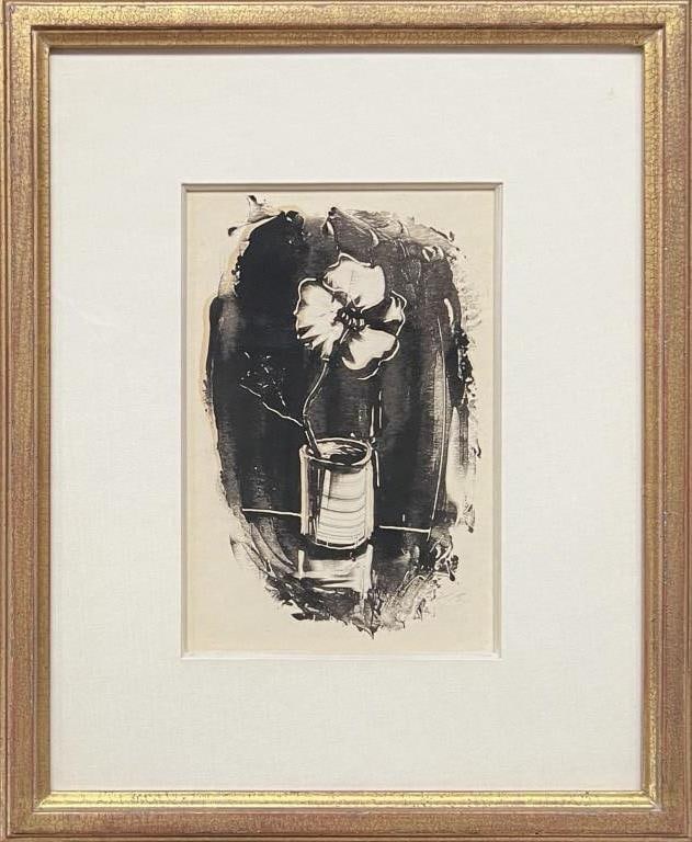 Berresford, Monotype Of Poppy In A Glass: Virginia Berresford (Am. 1902-1995), initialed in pencil "VB" lower right. Frame size: 17" high, 13 3/4" wide; sight size: 9 1/2" high, 6" wide. Toning, small spot. Not examined out of frame. Provenan