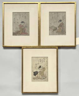 Harunobu, Group Three Woodblock Prints: Suzuki Harunobu (Japan, 1724-1770), three beauty prints featuring Geishas. Frame size: 14 7/8" high, 12 1/8" wide; sight size: 7 5/8" high, 5 1/2" wide. Fading, soiling, wear. Not examined out of