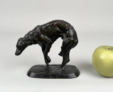 Roth, Bronze Sculpture "Wolfhound" 1904: Frederick George Richard Roth (Am. 1872-1944), signed and dated "Roman Bronze Works" and "Copyright 1904 by Fred G.R. Roth" on the base. 5 1/2" high, 6" wide, 2 1/2" deep. Provenance: Graham Gallery,