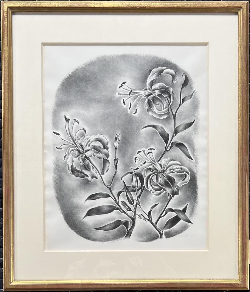 V. Huntley, Lithograph Of Lilies, 1931: Victoria Ebbels Hutson Huntley (Am. 1900-1971), signed and dated in pencil lower right. Frame size: 27 1/8" high, 23 1/4" wide; sight size: 19 1/2" high, 15 1/2" wide. Waviness, minor staining, frame 