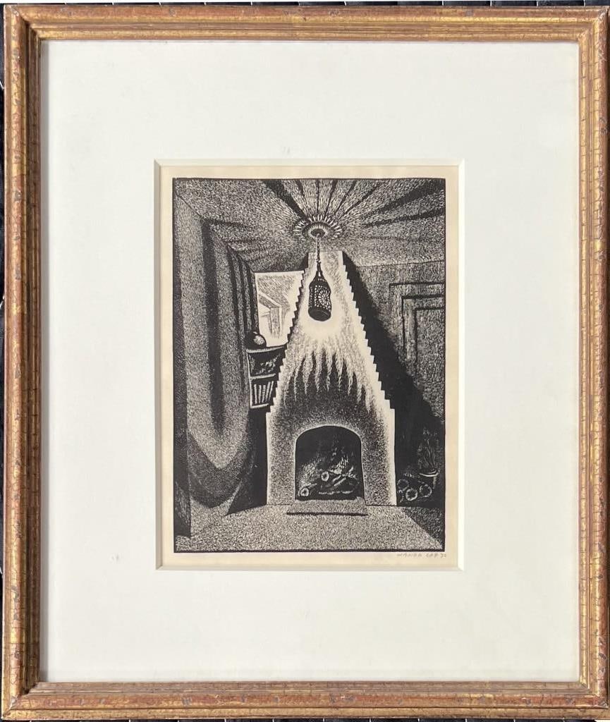 Gag, Wood Engraving "Lantern & Fireplace" 1931-2: Wanda Gag (Am. 1893-1946), wood engraving on laid paper, titled "Lantern and Fireplace", signed and dated in pencil lower right margin "Wanda Gag '32". Edition of 200; examples in Whitney Museum of Am