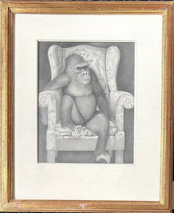 Palmore, Pencil On Paper "Gorilla": Tom Palmore (Am. b. 1945), humorous work, pencil on paper of gorilla in a wing chair. Frame size: 17 1/8" high, 14 1/8" wide; sight size: 10" high, 8" wide. Frame losses. Not examined out of frame.