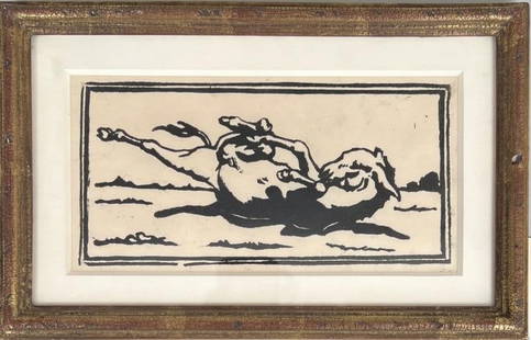 Roth, Woodblock Print "Donkey": Frederick George Richard Roth (Am. 1872-1944), unsigned. Frame size: 7 5/8" high, 12" wide; sight size: 4 1/2" high, 9" wide. Small frame losses. Not examined out of frame.