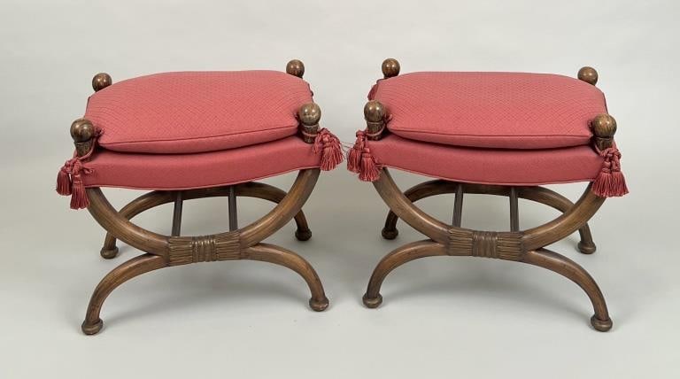 Pair Empire Style Walnut Curule Form Stools (1 of 6)