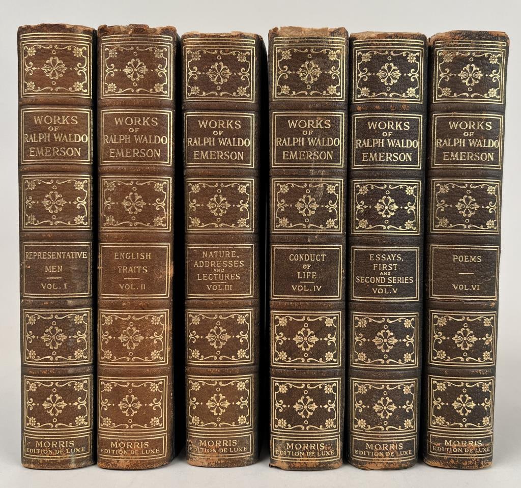 The Works Of Ralph Waldo Emerson, 6 Vol.: Cambridge Edition De Luxe, John D. Morris and Company, Philadelphia, 1906. Numbered 15 (of 1,000) copies. Bound in 3/4 leather with marbled boards and gilt spines. 8 1/2" high, 6" wide. Estate conditi