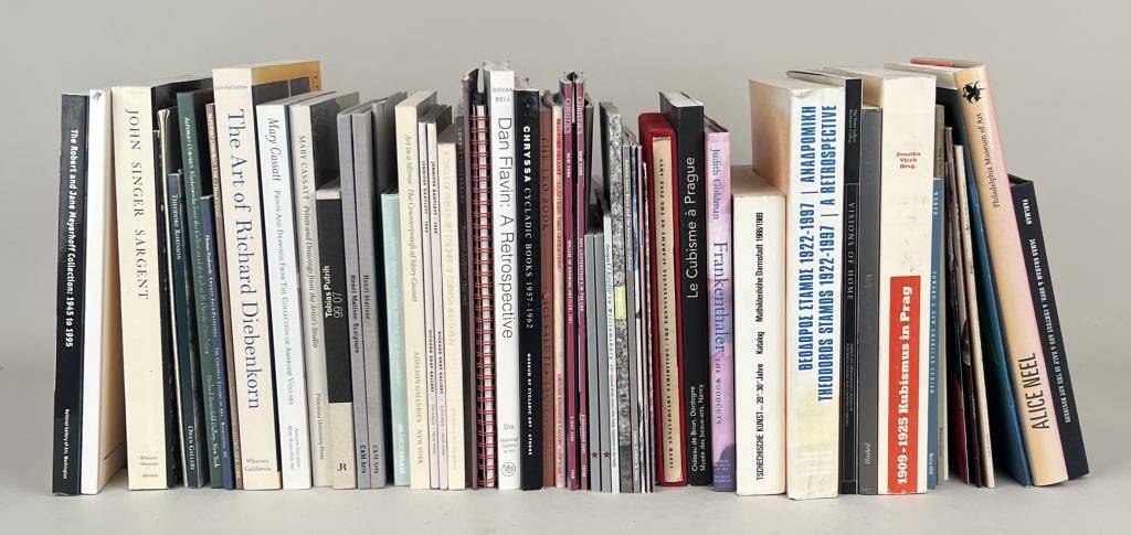 Estate Group Exhibition Catalogues: large group of museum and gallery exhibition catalogues, mostly soft bound, including titles on Alice Neel, Dan Flavin and Richard Diebenkorn, over 40 volumes. Largest: 12" high, 9 3/4" wide. Light so