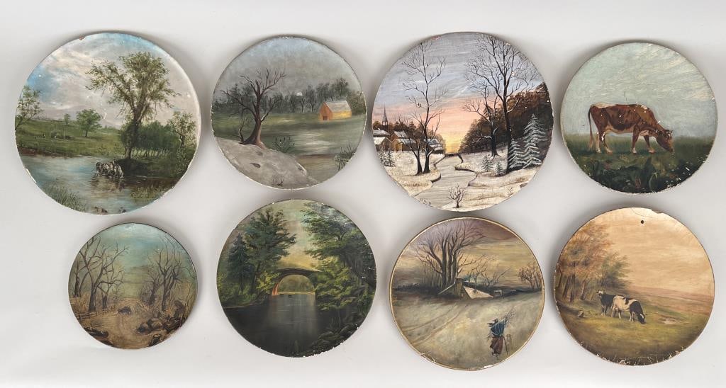 Group Eight Painted Scenic Leather Board Plates (1 of 6)