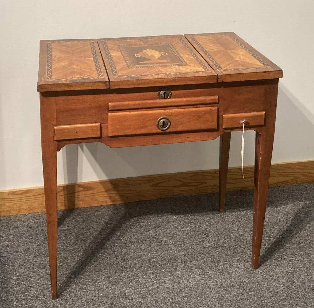 French Marquetry Fruitwood Vanity Poudreuse: with three lift up lids over storage wells, two working drawers, 19th century. 29" high, 30 1/2" wide, 18 1/2" deep. Age and use wear, some inlay repairs.