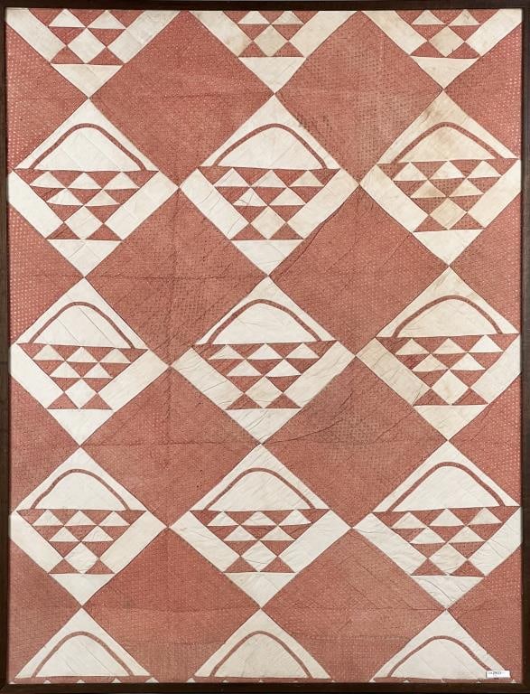 Framed American Country Child's Basket Quilt: 53 1/4" high, 41 1/4" wide. Staining, possibly reduced in size. Not examined out of frame.